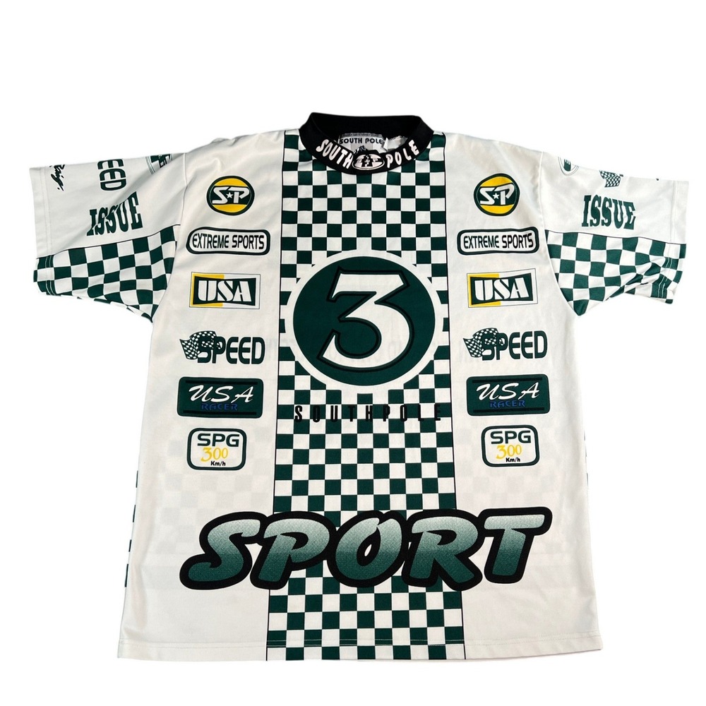 Southpole Sport Racing Jersey Mens XL White Green Checkered Y2K Graphic Shirt